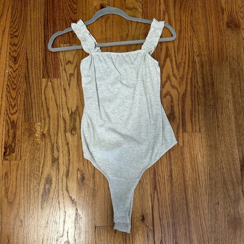 Light Grey Ribbed Ruffle Strap Bodysuit
